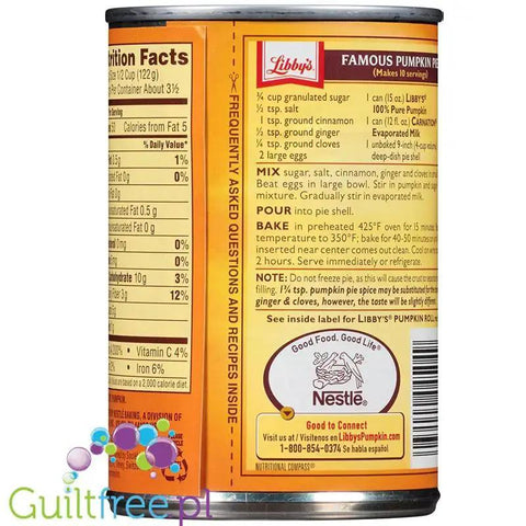 Puszka Guiltfree Libby's Pumpkin Puree z etykietą zawierającą wartości odżywcze i przepis na ciasto dyniowe
