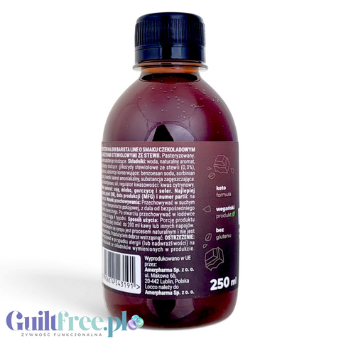 Butelka syropu czekoladowego Guiltfree Locco Zero Calorie Barista 250ml z etykietą zawierającą informacje o składzie