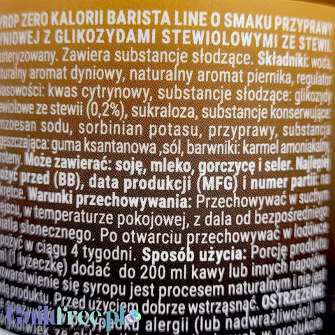 Etykieta Guiltfree Locco Zero Calorie Barista Pumpkin Spice z informacjami o składzie i wartościach odżywczych