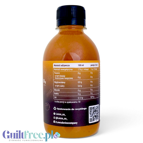 Butelka syropu Guiltfree Locco Zero Calorie Barista Pumpkin Spice z etykietą zawierającą wartości odżywcze