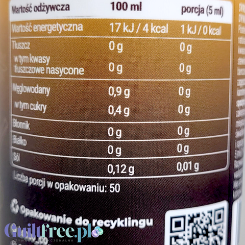Etykieta z wartościami odżywczymi syropu Guiltfree Locco Zero Calorie Barista Pumpkin Spice bez cukru i kalorii