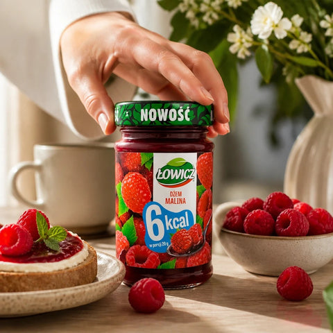 Słoik dżemu malinowego Guiltfree Łowicz 6 kcal z owocami na stole, obok kromka pieczywa z dżemem i świeże maliny.