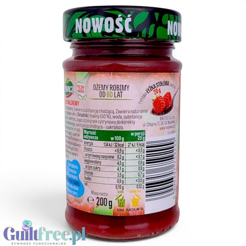 Słoik dżemu malinowego Guiltfree Łowicz bez cukru z etykietą zawierającą wartości odżywcze i skład produktu