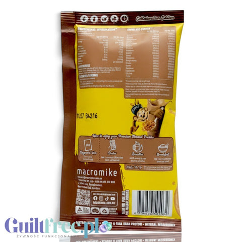 Back of Guiltfree Macro Mike Almond Plant Protein Coco Pops 40g sachet showing nutritional information and instructions