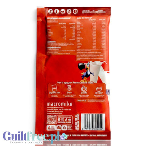 Guiltfree Macro Mike Almond Plant Protein Froot Loops 40g vegan powder sachet, back view with nutritional information.