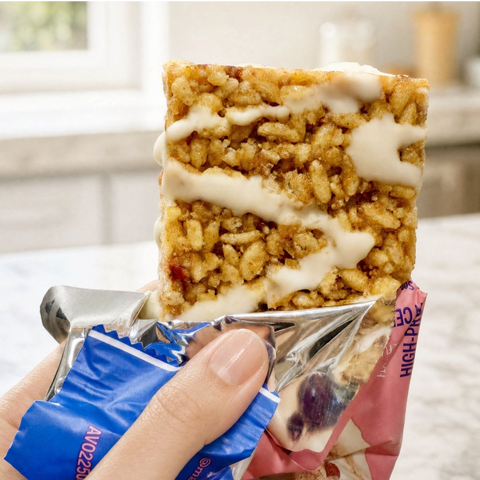 Guiltfree Magic Spoon baton proteinowy o smaku truskawkowego milkshake z chrupiącą bazą i białą polewą w dłoni