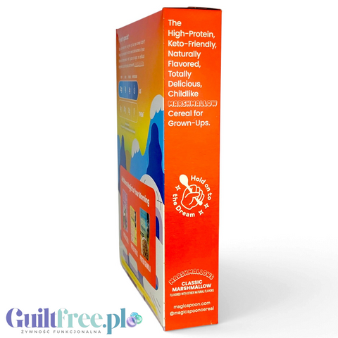 Bok opakowania płatków proteinowych Guiltfree Magic Spoon Classic Marshmallow z kolorową grafiką i opisem produktu