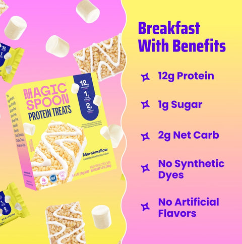 Guiltfree Magic Spoon Protein Treats Marshmallow, chrupiący batonik proteinowy z piankami marshmallow na żółtym tle