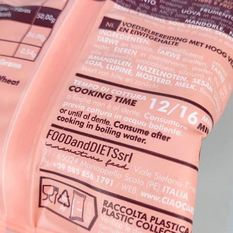 Opakowanie makaronu Guiltfree Ciao Carb Keto One z informacją o czasie gotowania 12-16 minut i składnikami