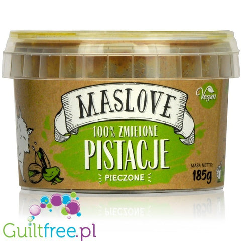 Słoik masła z pieczonych pistacji Maslove 100% od Guiltfree, naturalny krem pistacjowy w opakowaniu 185g.