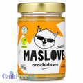 Guiltfree Maslove Arachidowe Classic, gładkie masło orzechowe 100% w szklanym słoiku z etykietą z kotem w okularach.