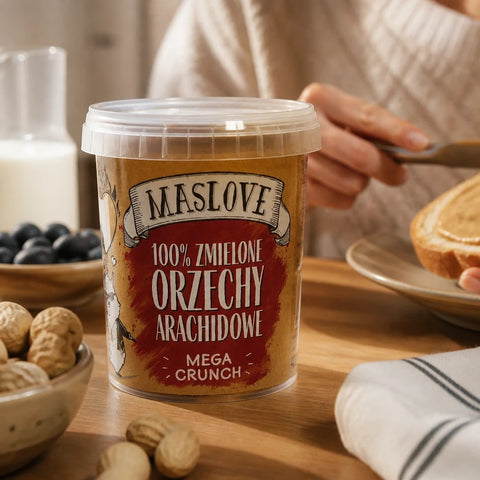 Słoik masła orzechowego Guiltfree Maslove Extra Crunch z kawałkami orzechów na drewnianym stole przy śniadaniu