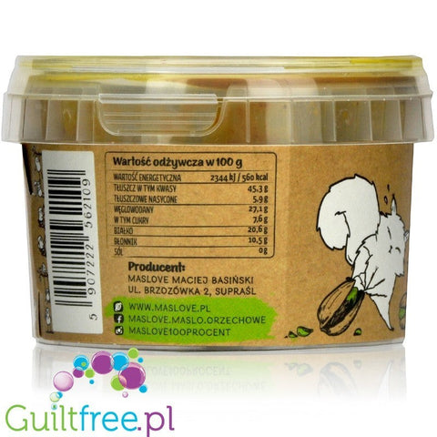 Etykieta Guiltfree Maslove masło z pieczonych pistacji 100% z tabelą wartości odżywczych i grafiką wiewiórki