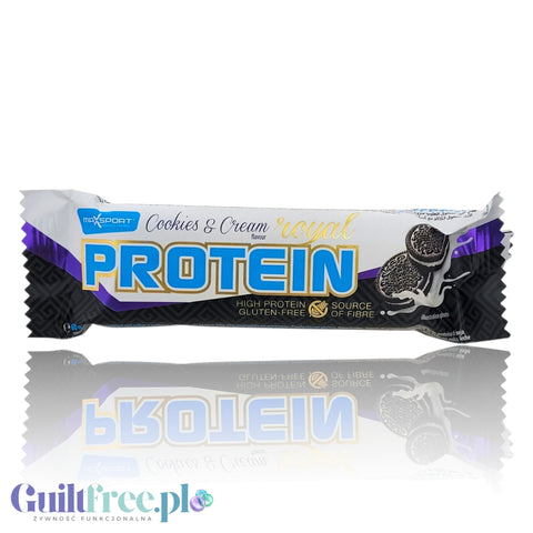 Baton proteinowy Guiltfree MaxSport Cookies & Cream w opakowaniu 60g z grafiką ciasteczek i białej polewy.