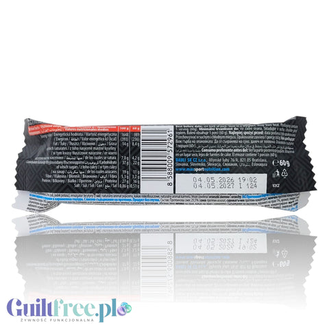Tył opakowania bezglutenowego batona proteinowego Guiltfree MaxSport o smaku słonego karmelu i popcornu z tabelą wartości