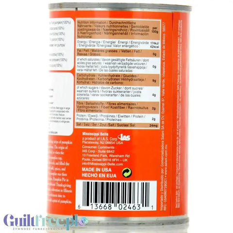 Puszka Guiltfree Mississippi Belle Pure Pumpkin z informacjami o wartościach odżywczych i składzie na etykiecie
