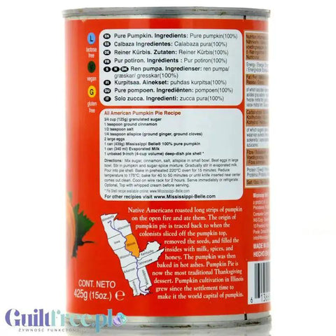 Puszka Guiltfree Mississippi Belle Pure Pumpkin z etykietą zawierającą przepis na amerykańskie ciasto dyniowe