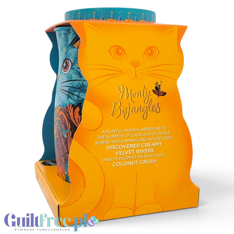 Guiltfree Monty Bojangles Coconut Crush w ozdobnej pomarańczowej tekturowej ramce z motywem kota i turkusową puszką.