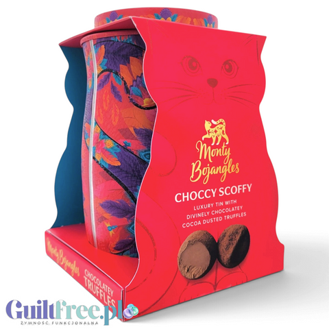 Guiltfree Monty Bojangles Choccy Scoffy Sunset Samba w kolorowej puszce w kształcie kota z kakaowymi truflami