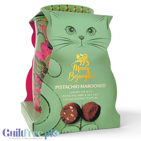 Guiltfree Monty Bojangles Pistachio Marooned trufle kakaowe z pistacjami i solą w ozdobnej zielonej puszce w kształcie kota