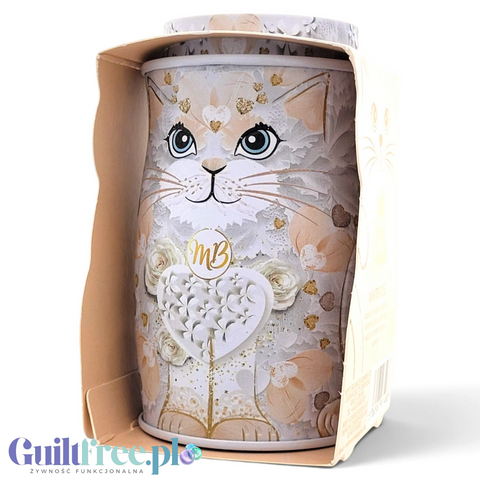 Kolekcjonerska puszka Guiltfree Monty Bojangles White Rose z motywem kota, różami i złotymi detalami.