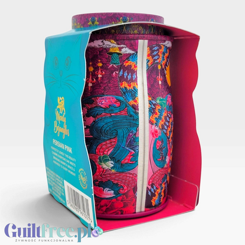 Guiltfree Monty Bojangles Choccy Scoffy Pink Persian w ozdobnej, różowej metalowej puszce z motywem kota perskiego.