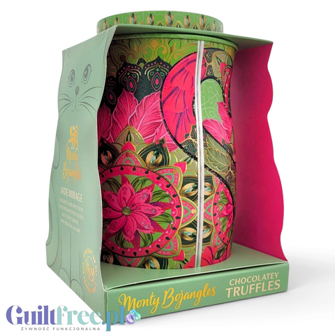 Guiltfree trufle Monty Bojangles Pistachio Marooned w ozdobnej jadeitowej puszce z motywem kota i złotymi ornamentami