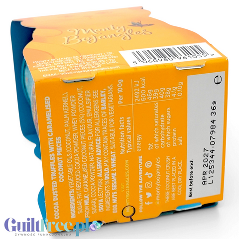 Guiltfree Monty Bojangles Coconut Crush, kakaowe trufle z karmelizowanym kokosem w ozdobnej puszce, widok z boku.