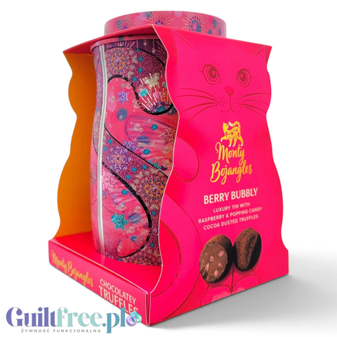 Guiltfree Monty Bojangles Berry Bubbly trufle w różowej kolekcjonerskiej puszce z motywem kota i malinowym nadzieniem