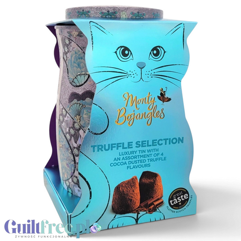 Zestaw trufli Guiltfree Monty Bojangles w ozdobnej turkusowej puszce z motywem kota i metalicznym wykończeniem