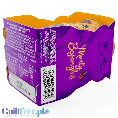 Guiltfree Monty Bojangles Flutter Scotch trufle w fioletowej puszce z motywem kota i informacjami o składzie