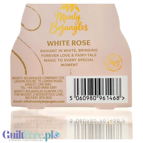 Tył puszki Guiltfree Monty Bojangles White Rose z informacjami o produkcie, kodem kreskowym i złotym logo marki.