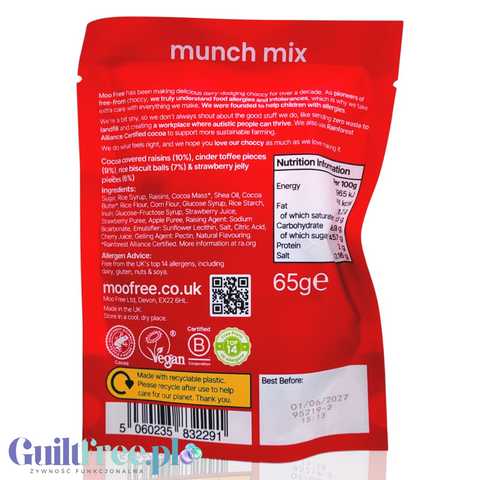 Tylna strona opakowania Guiltfree Moo Free Munch Mix z informacjami o składzie, wartościach odżywczych i alergenach