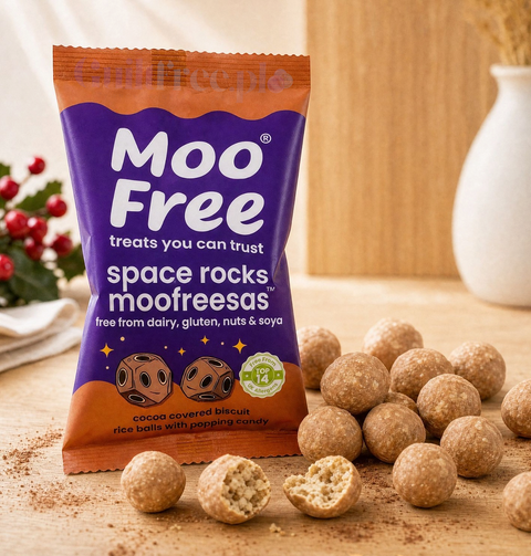 Guiltfree Moo Free Space Rocks Moofreesas, wegańskie chrupiące kulki ryżowe w kakaowej otoczce ze strzelającym cukrem