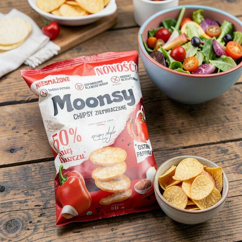 Guiltfree Moonsy chipsy ziemniaczane ostra papryka Asian Style, niesmażone, 50% mniej tłuszczu, w opakowaniu na stole.