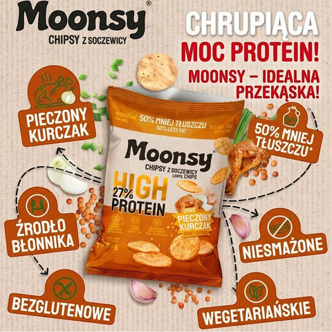 Guiltfree Moonsy chipsy z soczewicy o smaku pieczonego kurczaka z wysoką zawartością białka i mniejszą ilością tłuszczu