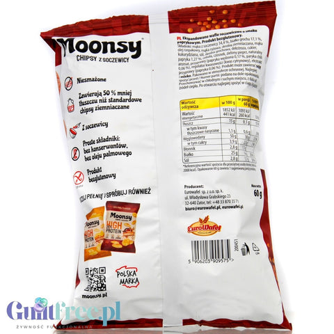 Tył opakowania chipsów z soczewicy Guiltfree Moonsy o smaku paprykowym z informacjami o wartościach odżywczych