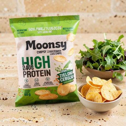 Guiltfree Moonsy chipsy z soczewicy o smaku zielonej cebulki z 24% zawartością białka w opakowaniu 60g
