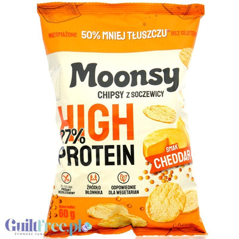 Opakowanie chipsów z soczewicy Guiltfree Moonsy High Protein o smaku sera cheddar, 26% białka, bezglutenowe