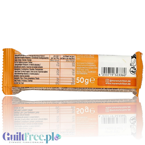Tylna strona opakowania batona proteinowego Guiltfree More Nutrition o smaku jogurtu brzoskwiniowego z tabelą wartości