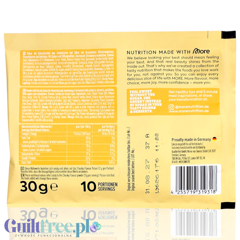 Etykieta opakowania More Nutrition Chunky Flavor o smaku cytrynowego ciasta z informacjami o składzie i wartościach