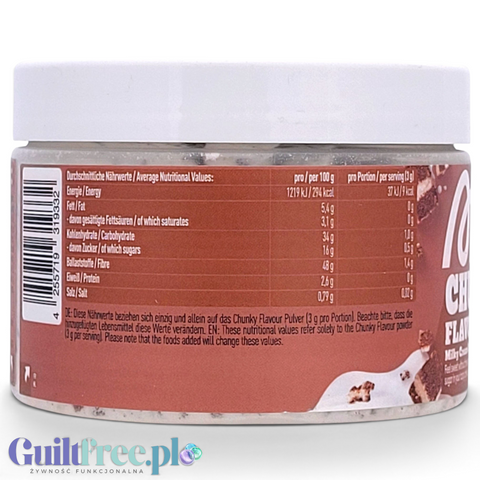 Guiltfree More Nutrition Chunky Flavor Milky Cream Cake w proszku z widoczną tabelą wartości odżywczych na etykiecie