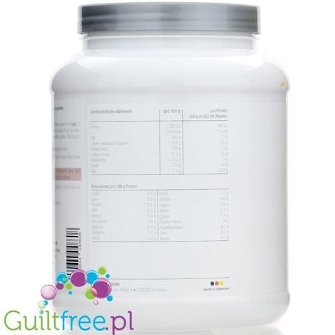Biała plastikowa puszka odżywki białkowej More Nutrition Total Protein z etykietą zawierającą tabelę wartości odżywczych