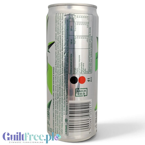 Guiltfree Mountain Dew Zero Cukru, puszka 330ml z informacjami o wartościach odżywczych i składem na etykiecie.