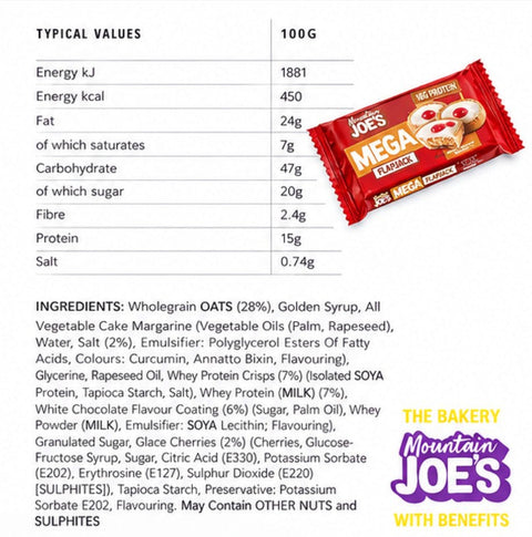 Tabela wartości odżywczych i składniki batona Guiltfree Mountain Joe's Mega Flapjack Cherry Bakewell 100g