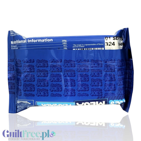 Guiltfree Mountain Joe's Mega Flapjack Cookies & Cream w niebieskim opakowaniu z informacją o wartościach odżywczych
