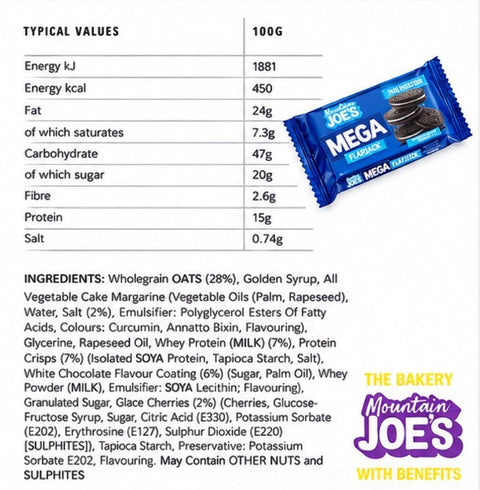 Guiltfree Mountain Joe's Mega Flapjack Cookies & Cream z tabelą wartości odżywczych i składem na białym tle