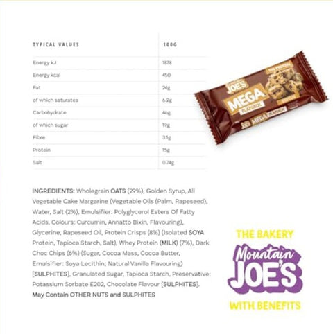 Baton proteinowy Guiltfree Mountain Joe's Mega Flapjack Chocolate Chip Cookie 100g z tabelą wartości odżywczych