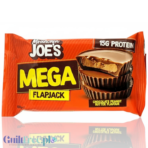 Baton proteinowy Guiltfree Mountain Joe's Mega Flapjack o smaku czekolady z masłem orzechowym w pomarańczowym opakowaniu