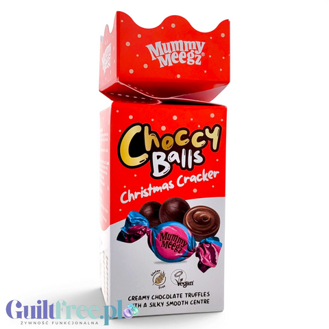 Guiltfree Mummy Meegz Choccy Balls Christmas Cracker z wegańskimi czekoladowymi pralinami w czerwonym opakowaniu